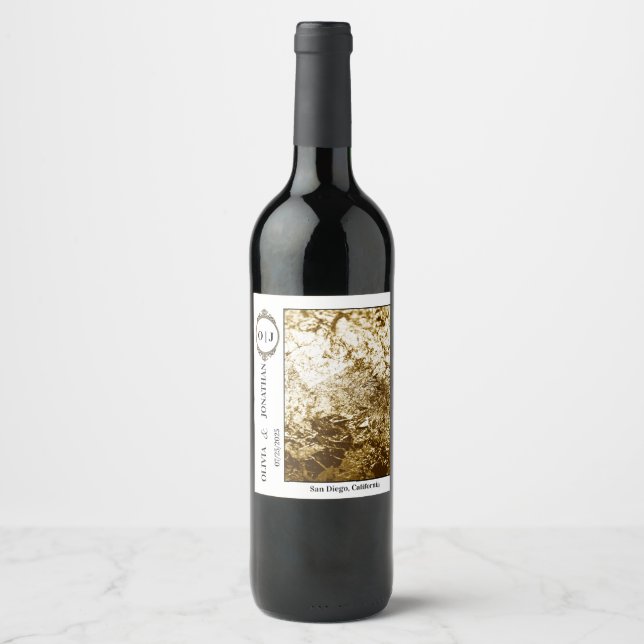Rótulo de Vinho Dourado de Casamento de Design Ele (Frente)
