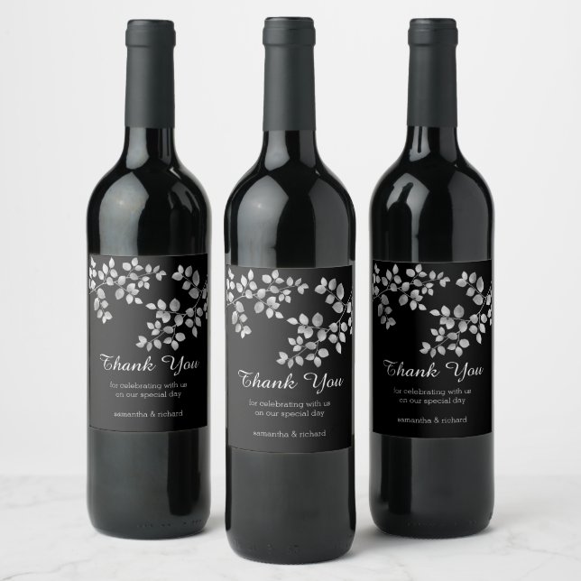 Rótulo de Vinho Floral de Prata Moderna (Garrafas)