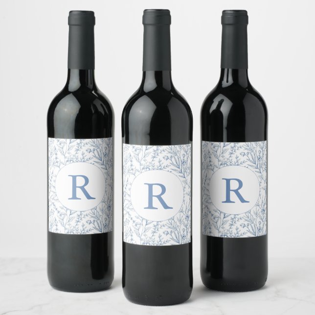 Rótulo de Vinho Floral Francês de Monograma Azul (Garrafas)