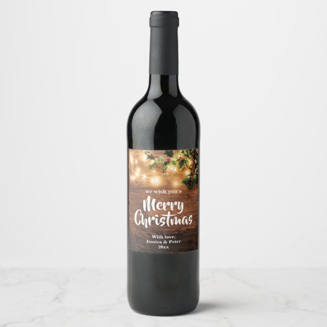 Rótulo de vinho Natal Rústico madeira e luzes (Frente)
