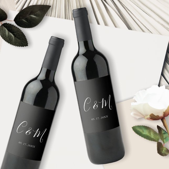 Rótulo de Vinho Preto e Branco Monograma Elegante (Criador carregado)