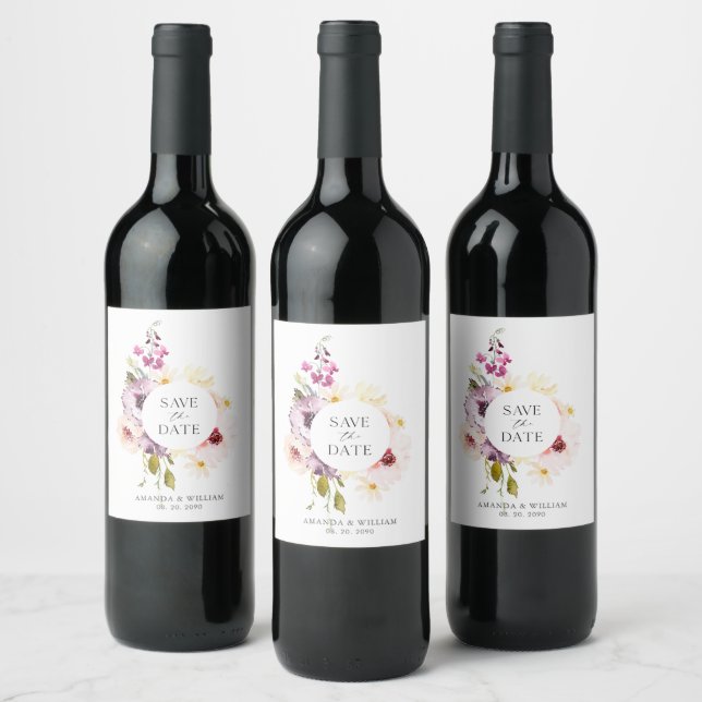 Rótulo de Vinho Salve a Data – Flores Aquarela (Garrafas)