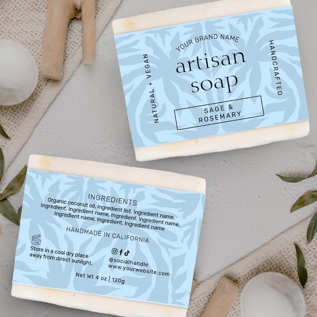 Rótulo do Frasco do Bar de Sabão Azul Moderno (Trendy light blue soap bar bellyband template with elegant serif fonts and modern layout)