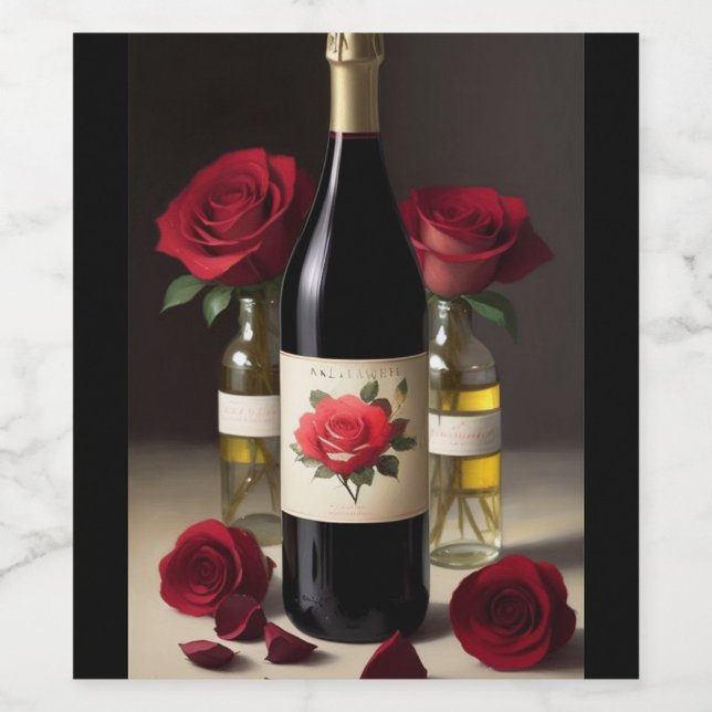 Rótulo do rosa (A beautifully arranged wine bottle surrounded by vibrant red roses.  )