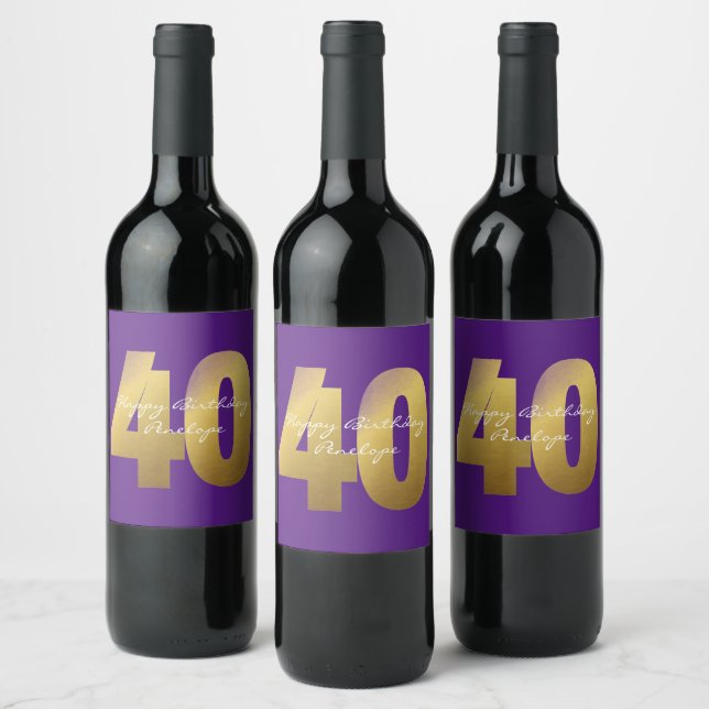 Rótulo do vinho de aniversário de 40 anos roxo e D (Garrafas)