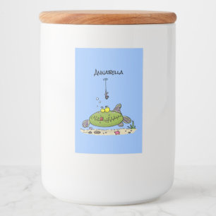 Rótulo Para Comida Animação de peixe verde esfomeado e gordo