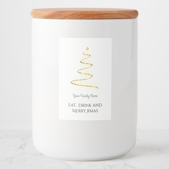 Rótulo Para Comida Árvore moderna do Natal no ouro - coma bebida (Frente)