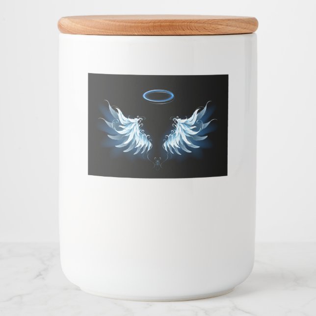 Rótulo Para Comida Asas Anjos Azuis Brilhantes em fundo preto (Frente)