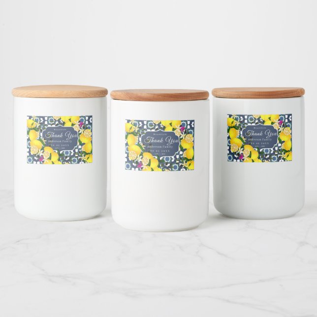 Rótulo Para Comida Azulejos Mediterrâneos de Limão Azul Naval Branco (Garrafas)