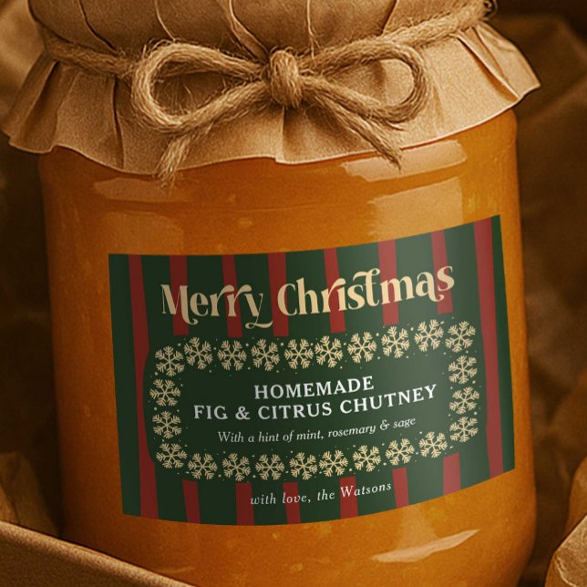 Rótulo Para Comida Bandas de Xadrezes Vermelhas e Verdes para Present (Vintage DIY Christmas gift product label with red & green stipe background and retro fonts)