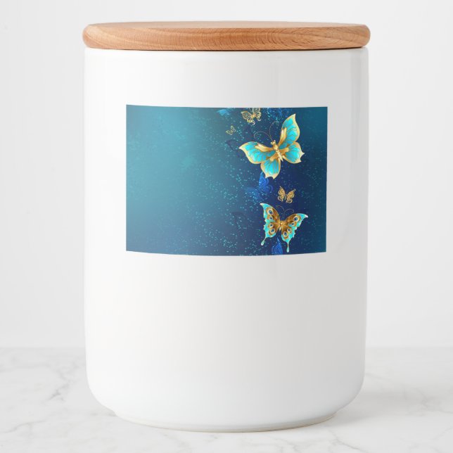 Rótulo Para Comida Borboletas de ouro em um fundo azul (Frente)