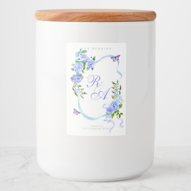 Rótulo Para Comida Casamento de Monograma com Fita Azul (Frente)