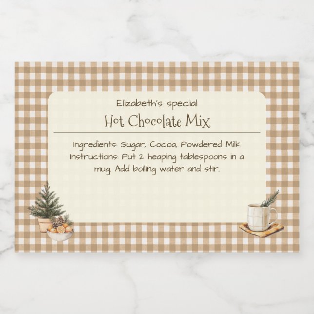 Rótulo Para Comida Chocolate Quente de Natal Mix Brown Gingham Labels (Rótulo Único)