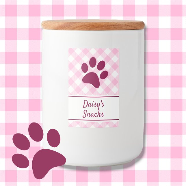 Rótulo Para Comida Cute Pink White Gingham Checkered Pattern Paw Name (Criador carregado)