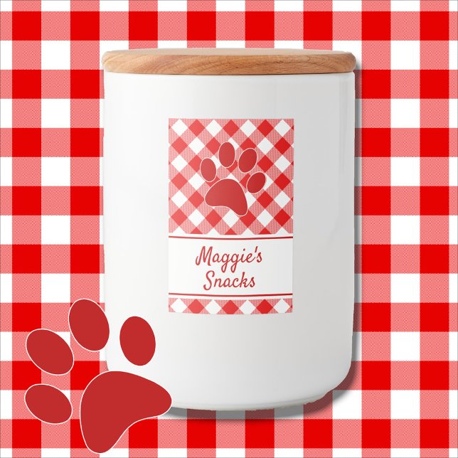 Rótulo Para Comida Cute Red White Gingham Checkered Pattern Paw Name (Criador carregado)