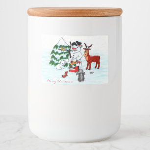 Rótulo Para Comida Feliz Natal! Homem de Neve com Amigos