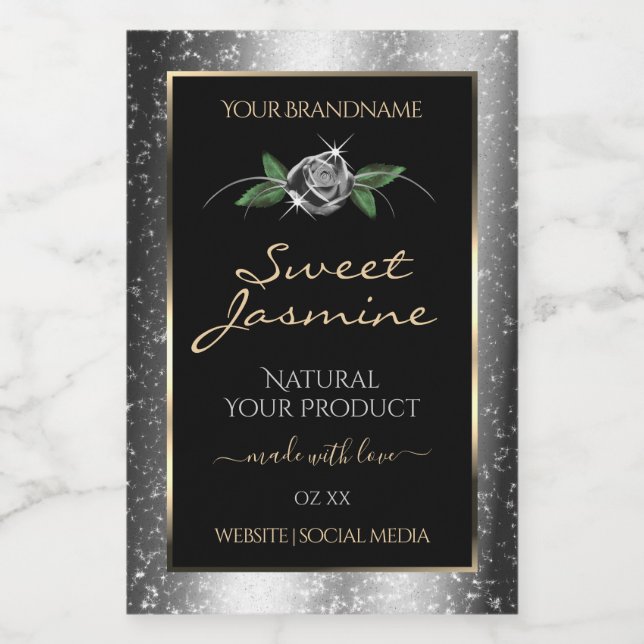 Rótulo Para Comida Floral Silver Black Product Labels Glitter (Rótulo Único)