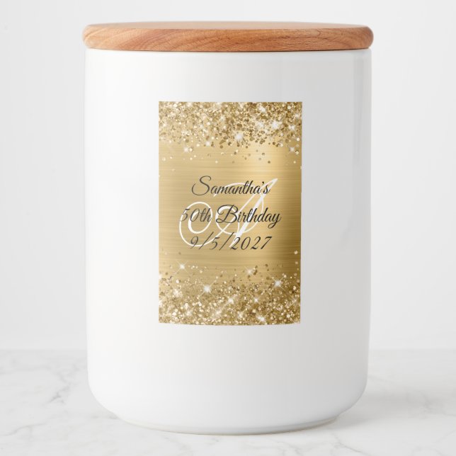 Rótulo Para Comida Glamour Monograma Dourado Brilhante 50º Aniversári (Frente)