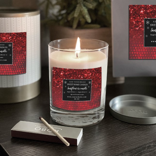 Rótulo Para Comida Ingredientes das luzes brilhantes vermelhas profun (#zazzlemade #zazzlelabel #zazzlesticker #deepred #cristmas #rcandlelabel #snowflake #glitterred  )