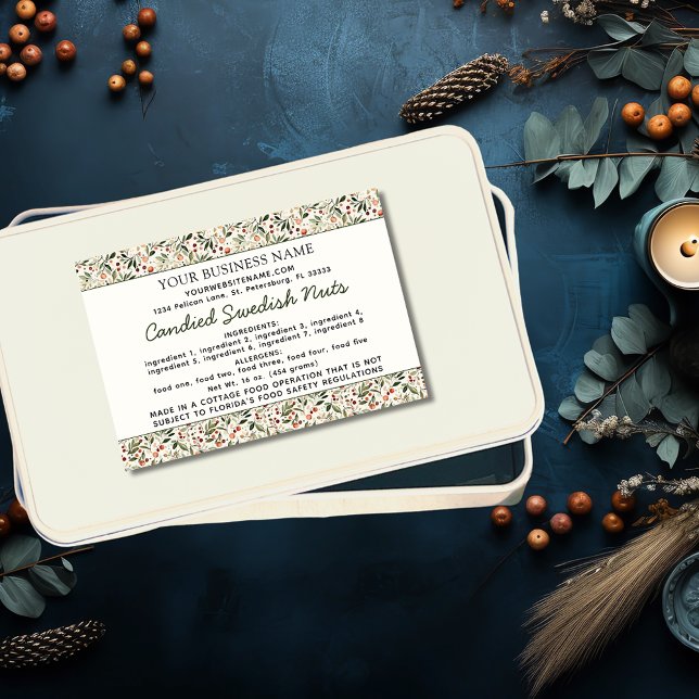 Rótulo Para Comida Lei da Casa de Campo Ingredientes de Alimentos Cas (Festive Christmas Greenery Red Berries Cottage Law Homemade Food Ingredients Allergens Food Label )