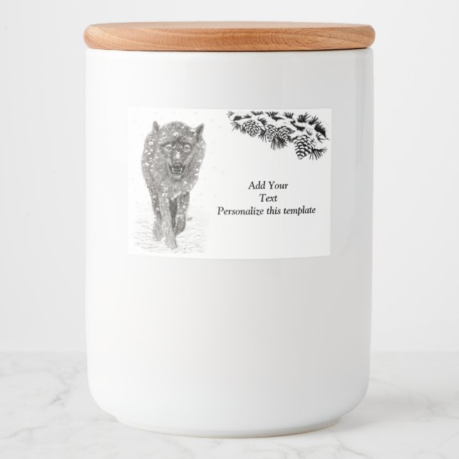 Rótulo Para Comida Lobo Negro Zangado na Neve, inverno selvagem (Frente)