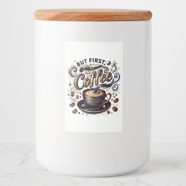 Rótulo Para Comida Mas Primeira Arte do Café - Design Na moda Dourado (Frente)