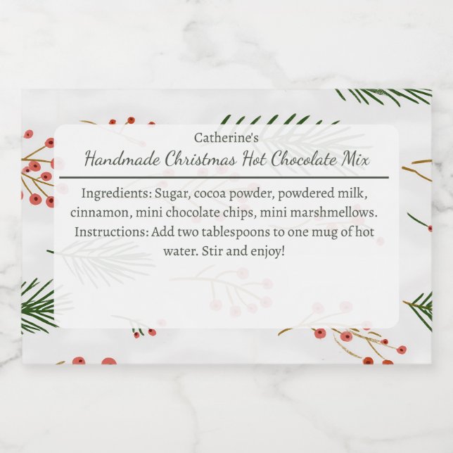 Rótulo Para Comida Mistura de Chocolate Quente de Natal Ramos e Bagas (Rótulo Único)