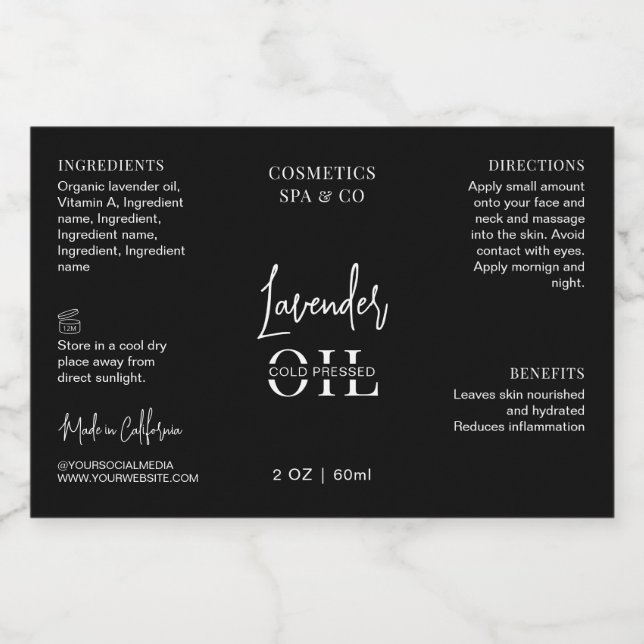Rótulo Para Comida Modern Black 2 OZ Cosmetic Bottle Waterproof Label (Rótulo Único)