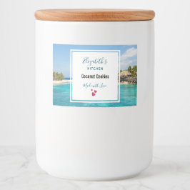 Rótulo Para Comida Praia tropical Cênica com Foto Thatch Huts