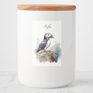 Rótulo Para Comida Puffin bonito em uma rocha em aquarela