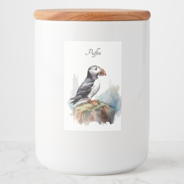 Rótulo Para Comida Puffin bonito em uma rocha em aquarela (Frente)