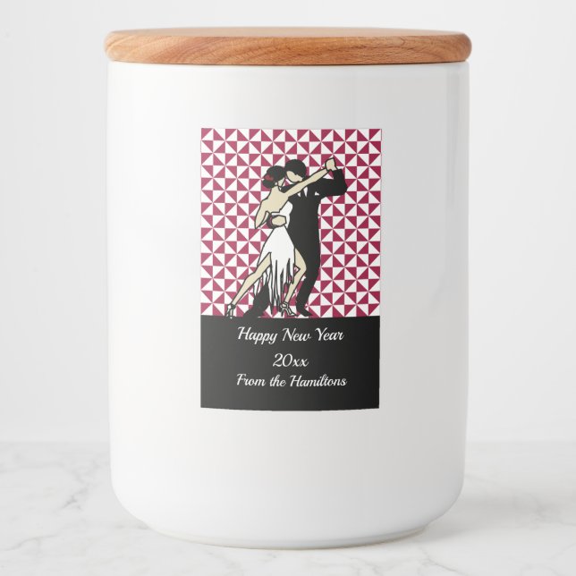 Rótulo Para Comida Tango Dancers sobre o fundo geométrico da Borgonha (Frente)