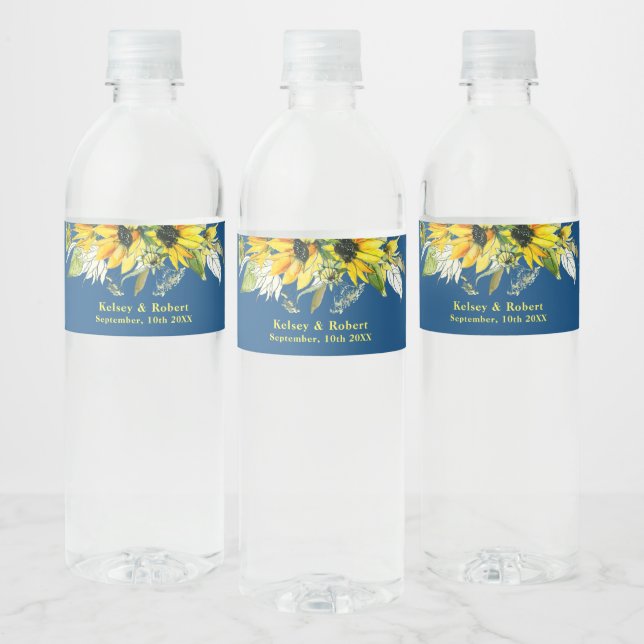 Rótulo Para Garrafa D'água Blue Sunflower Wedding Water Bottle Label (Garrafas)