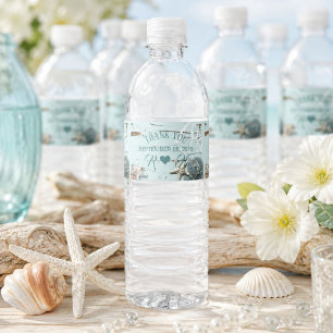 Rótulo Para Garrafa D'água casamento de praia tropical conchas marinhas azul 