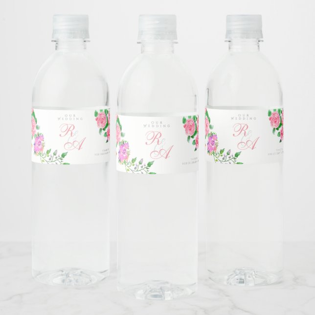 Rótulo Para Garrafa D'água Casamento do Monograma da Faixa Rosa Rosa Rosa Ros (Garrafas)