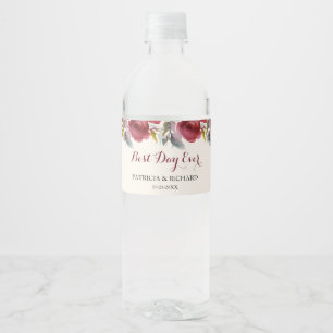 Rótulo Para Garrafa D'água Casamento floral bonito da aguarela de Borgonha