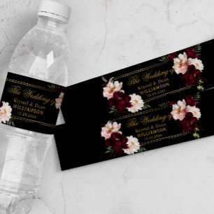 Rótulo Para Garrafa D'água Casamento Floral Preto com Rubor Borgonha Sombrio