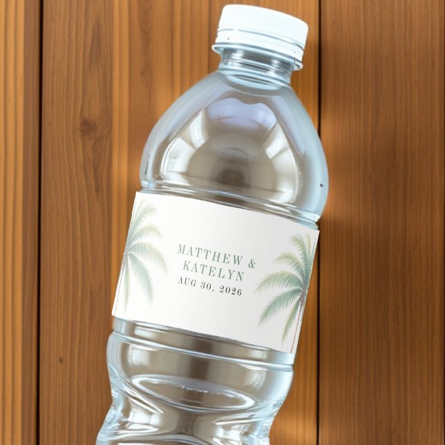 Rótulo Para Garrafa D'água Casamento Verde de Destino da Ilha Palm Tree (Palm Tree Island Destination Green Wedding Water Bottle Label
)