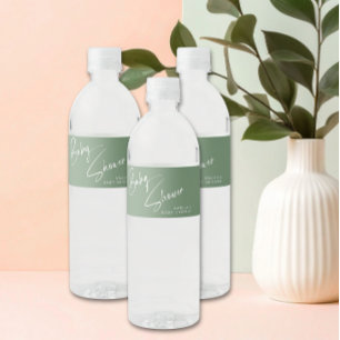 Rótulo Para Garrafa D'água Chá de Bebê Elegante em Verde Sage com Letra Cursi