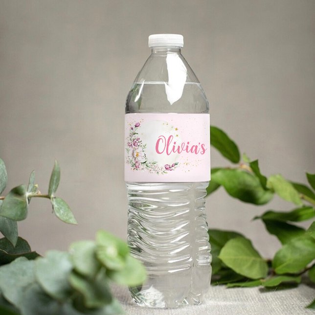 Rótulo Para Garrafa D'água Chá de Bebê Floral Moon Rosa (Criador carregado)