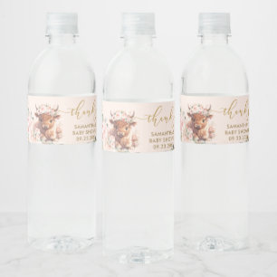 Rótulo Para Garrafa D'água Chuva de Bebê Floral Rosa Vaca das Terras Altas Fo