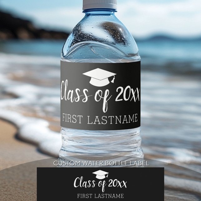 Rótulo Para Garrafa D'água Classe do ano e nome - Boné de formatura preto (Custom Graduation Water Bottle Label)
