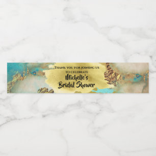 Rótulo Para Garrafa D'água Cores de pavão de geodo aquarela ágata dourado azu