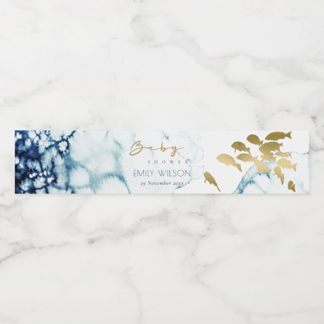 RÓTULO PARA GARRAFA D'ÁGUA ELEGANTE CHUVA DE BEBÊ PEIXE SUBAQUÁTICO DOURADO M (Rótulo Único)