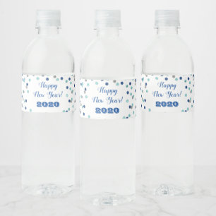 Rótulo Para Garrafa D'água Feliz ano novo Personalizado de Confetti Azul Prat