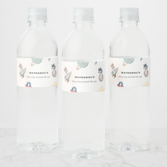 Rótulo Para Garrafa D'água First Trip Around the Sun space animals Birthday  (Garrafas)