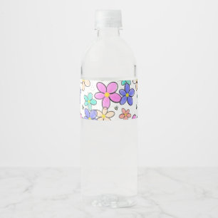 Rótulo Para Garrafa D'água flores coloridas arco-íris brilhantes abelhões flo