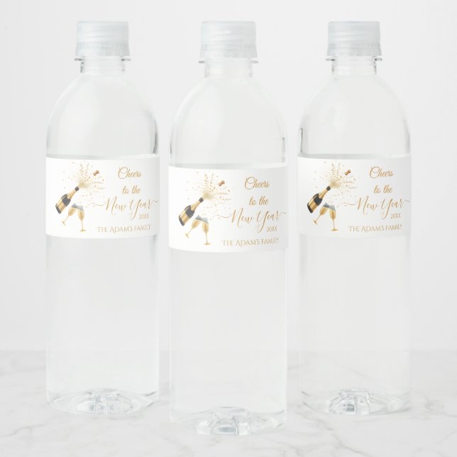 Rótulo Para Garrafa D'água Gold Champagne Cheers New Year Party  (Garrafas)
