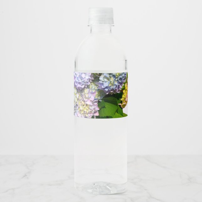 Rótulo Para Garrafa D'água Jardins Hydrangea, cor-de-rosa, azul, floral roxo (Frente)