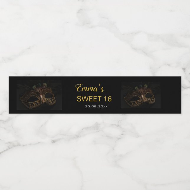 Rótulo Para Garrafa D'água Mascarada Elegante Dourado Sweet 16 15 Aniversário (Rótulo Único)